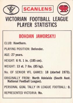 1974 Scanlens VFL #19 Bohdan Jaworskyj Back
